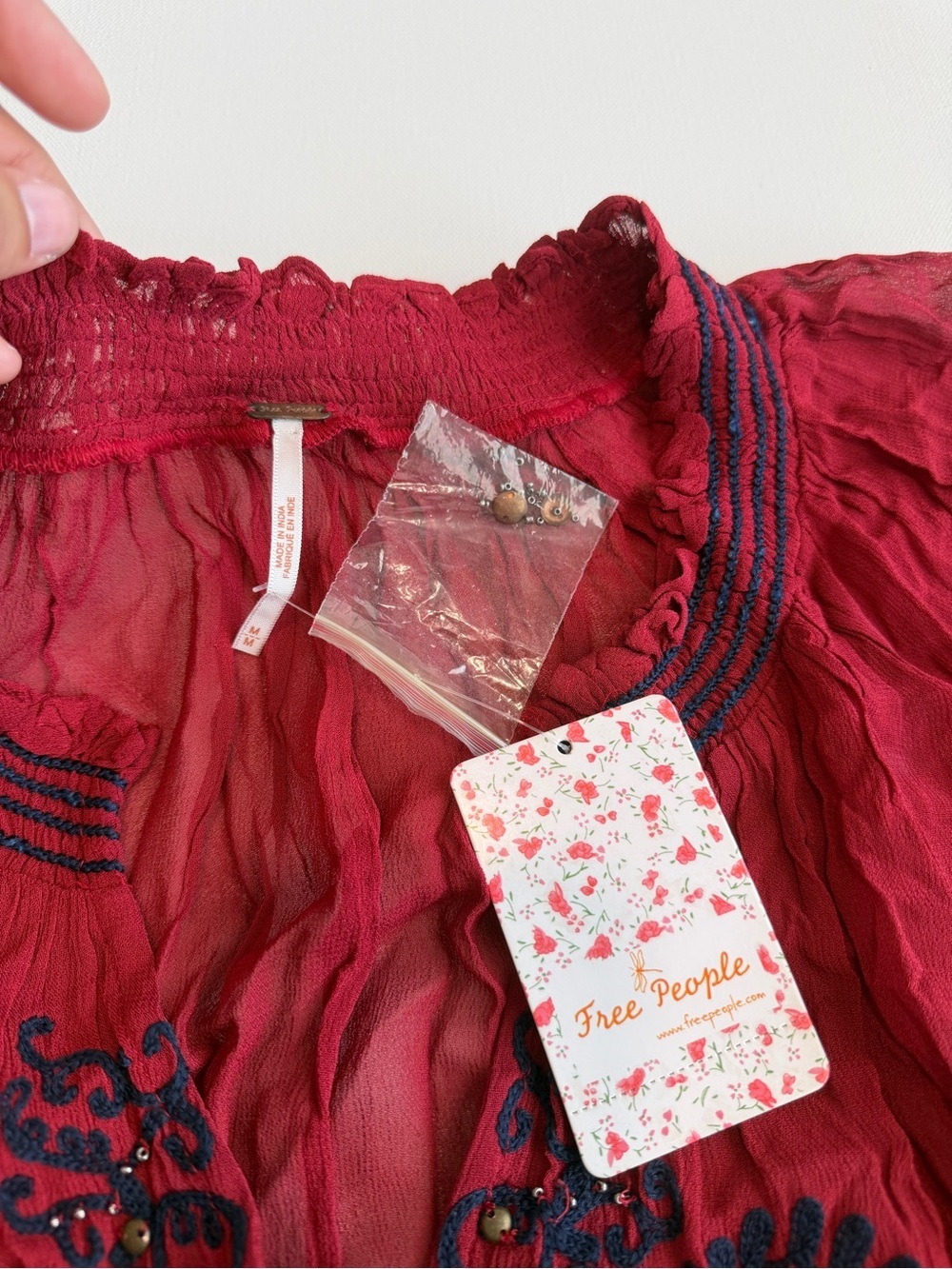 NWT Free People Red Sheer Embroidered Tunic Dress Size Medium Boho Beaded Maxi - Picture 8 of 10